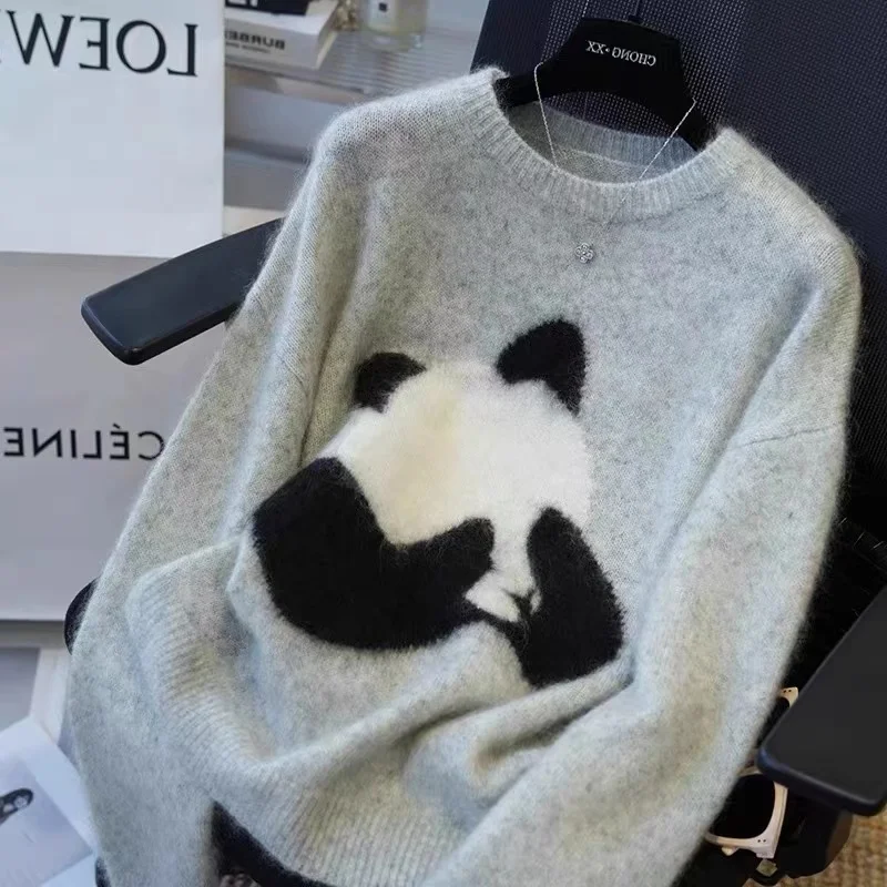 Autumn/Winter 2024 New Sweater Jacquard Lazy Cartoon Panda Embroidery Design Hoodie Knitted Sweater Loose Cashmere Top for Women