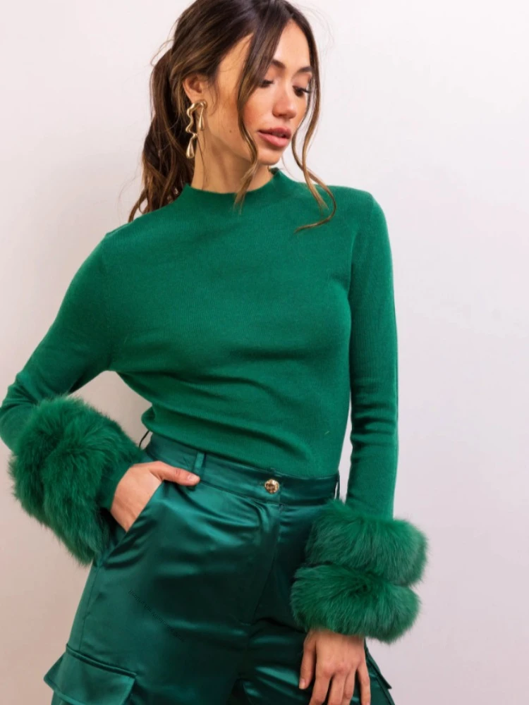 Cardigan for Women Natural Fox Fur Cuffs Slim Fit Half Turtleneck Top Clothes Female Women's Sweater with Real Fox Fur Warm