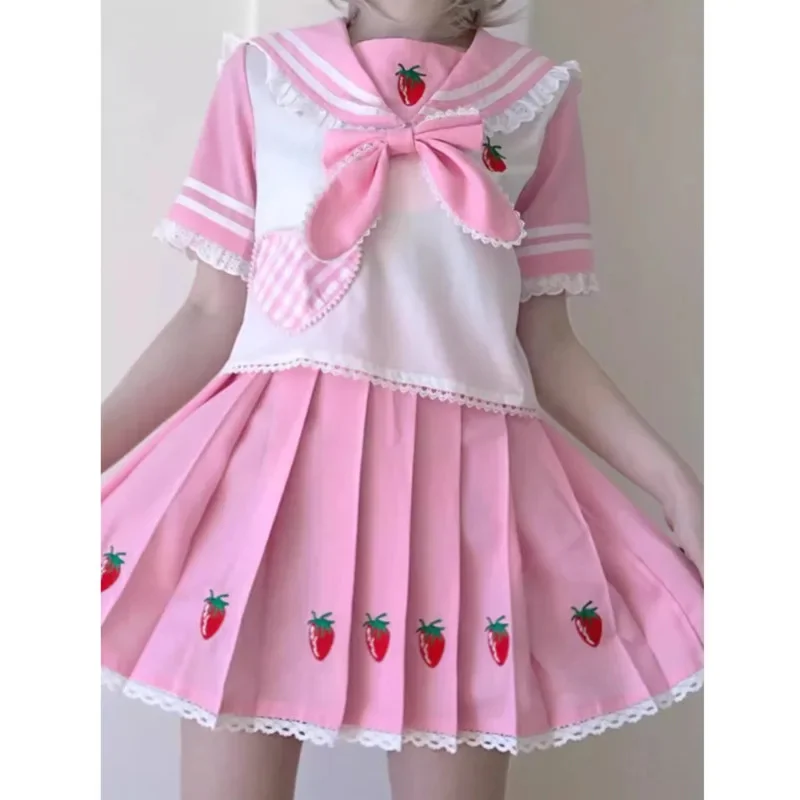 

Y2K Strawberry JK Uniform Set Kawaii Lolita Outfit Sailor Collar Top Pleated Skirt 2 Piece Girl Summer Cosplay Top Dress Set New