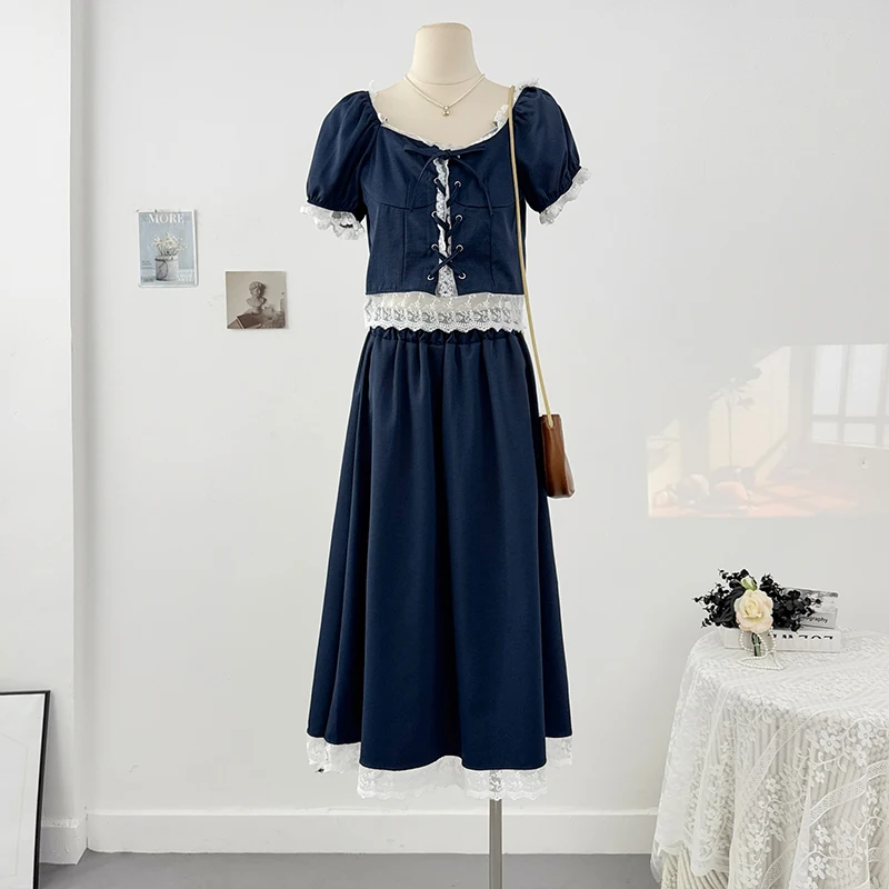 Set da donna patchwork in pizzo dolce stile francese T-shirt con lacci con colletto quadrato chic Top + gonne in vita elastiche Abiti estivi femminili