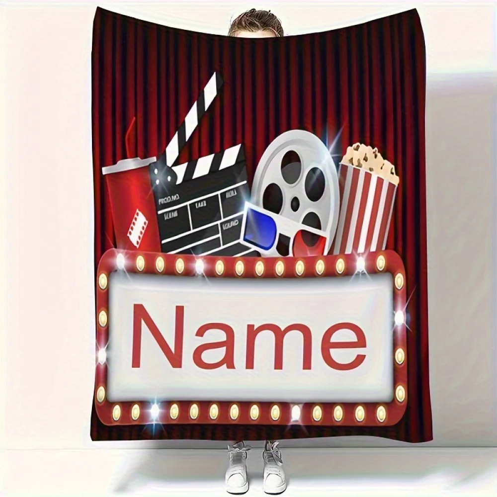 1pc Custom Movie Night Blanket - Personalize with Your Name & Text, Popcorn Design, Soft & Cozy Throw for Couch, Bed, Travel
