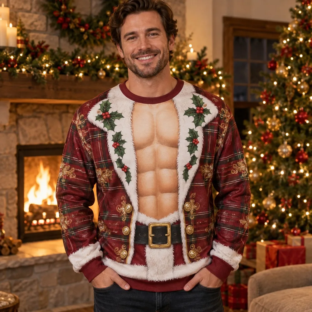 Santa Costume Ugly Christmas Sweater for Men Women Festive Holiday Party Crewneck Pullover Long Sleeve Seasonal Sweaters
