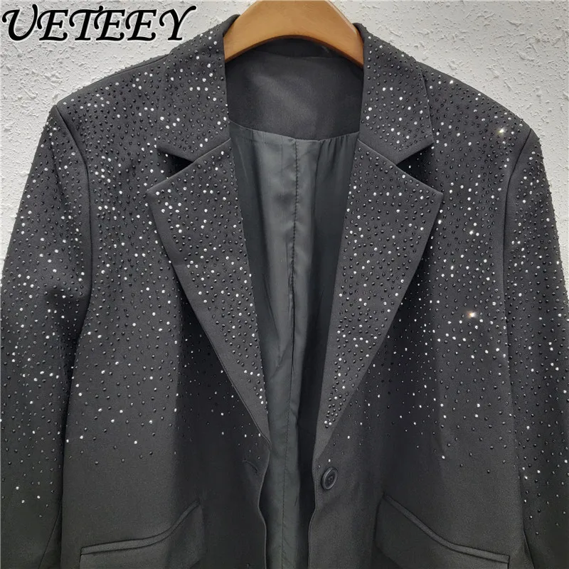 Heavy Embroidery Hot Drilling Shiny Black Suit Women Loose Mid-Length Slimming Suit Jacket Spring Autumn New Cardigan Coat Lady