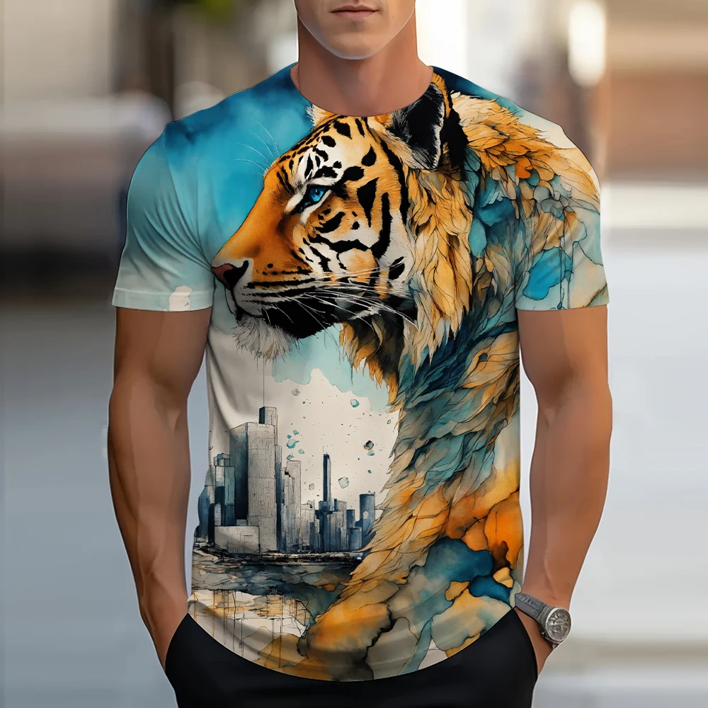 Oversized Vintage Men's T Shirt 3D Cubic Tiger Print T Shirt Summer Casual Animal Patterns Streetwear New Fashion Street Men's