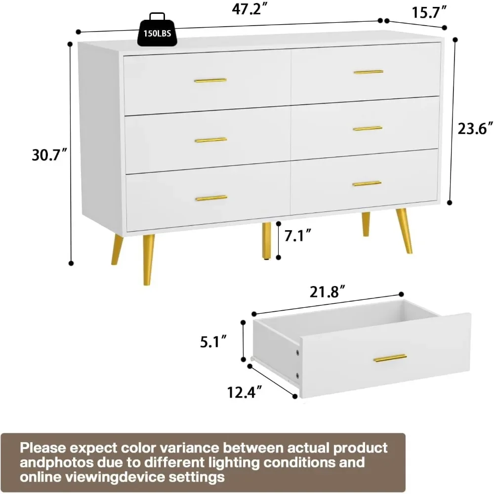 White Dresser for Bedroom,6 Drawer Dresser with Wide Drawers and Gold Metal Handles, Wood Dressers & Chest of Hallway, Entryway.