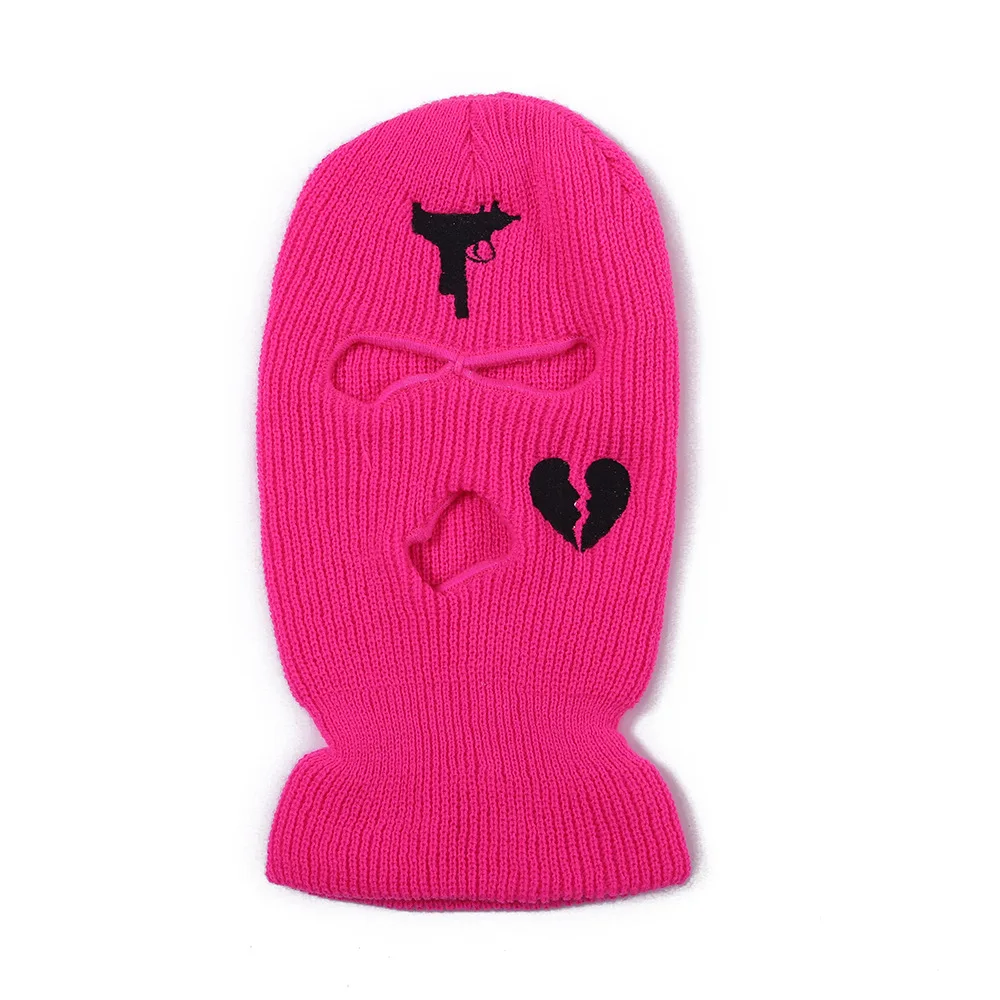 Unisex 3-Loch-Winter-Strickmütze, Outdoor-Sport, Vollgesichtsabdeckung, Skimaske, warme Strickmütze, Sturmhaube für Erwachsene, Liebesherz-Logo