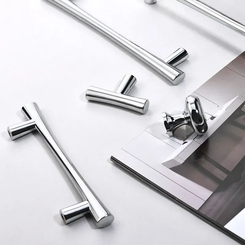 Bright Silver Kitchen Cabinet Pulls Wardrobe Cupboard Drawer Handles Zinc Alloy Single Hole Knobs Modern Furniture Door Handles