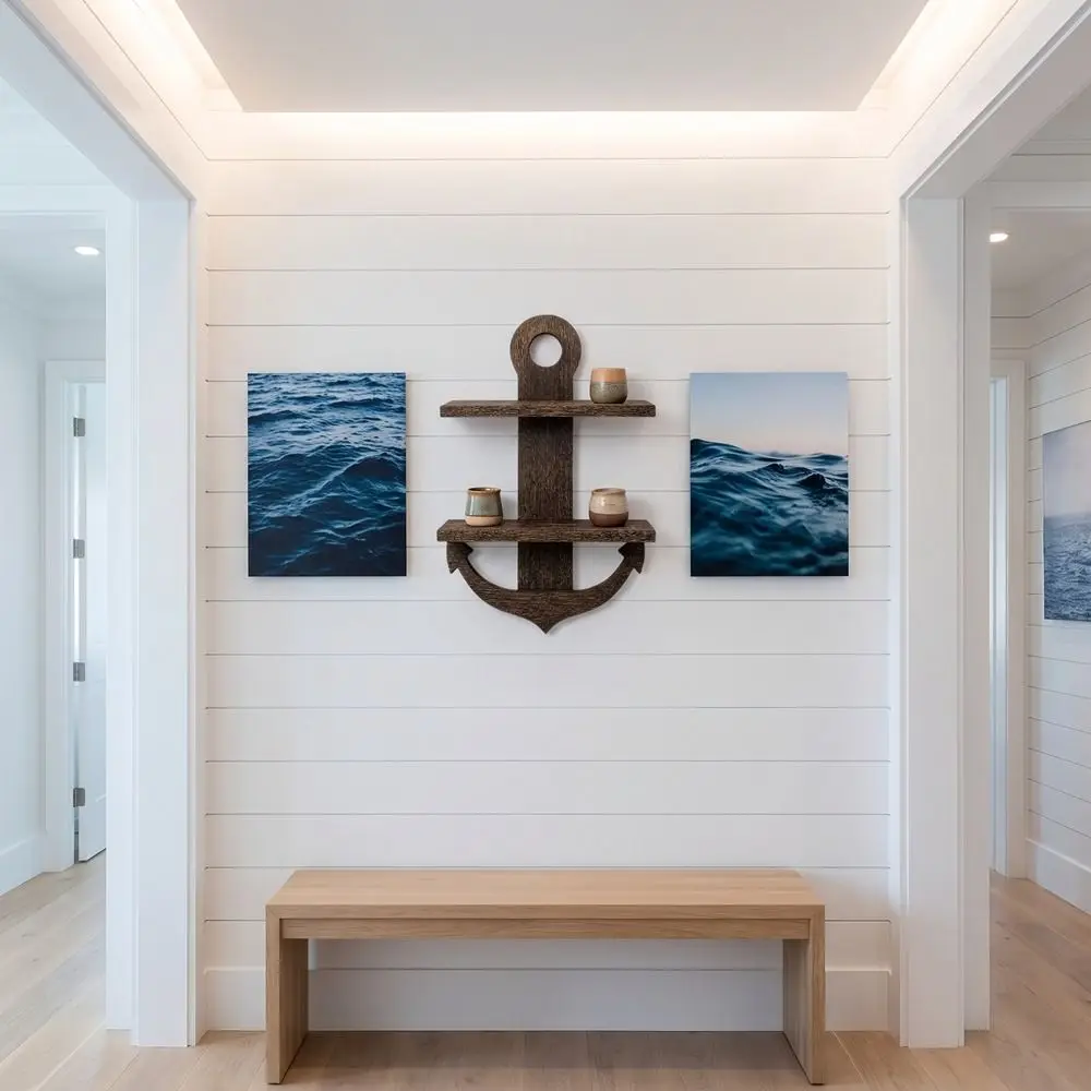 Boat Themed Wooden Anchor Design Wall Shelf Nautical Style Double-Layer Wall Mounted Shelf Modern Retro Display Rack Wall Decor