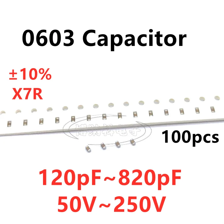 100pcs 0603 SMD Capacitor 120/130/150/160/180/200/220/240/270/300/330/360/390/430/470/510/560/620/680/750/820PF X7R 10%