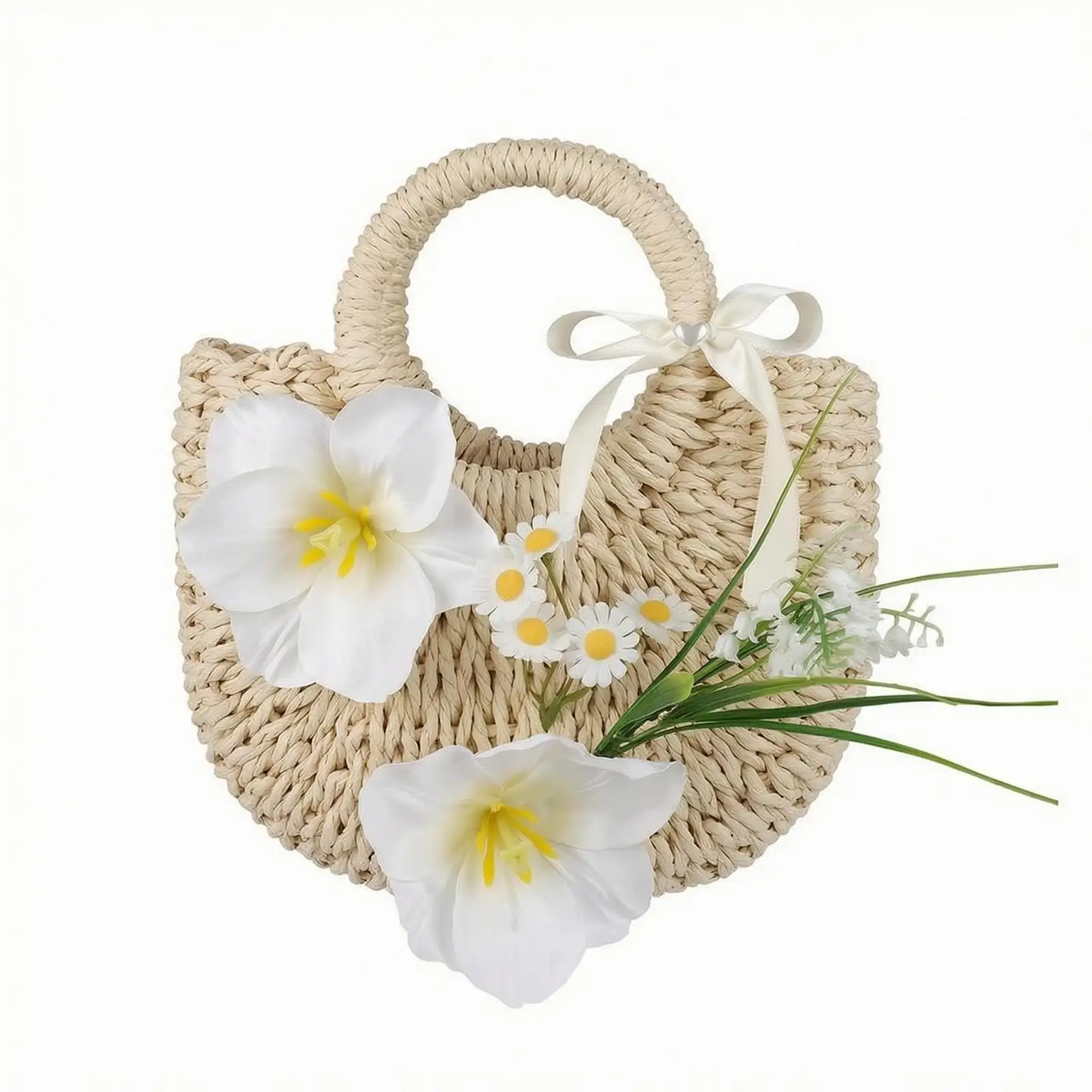 Woven Handbag for Women Straw Rectangular Purse Floral Ribbon Decoration Small Shoulder Bag for Daily Outing