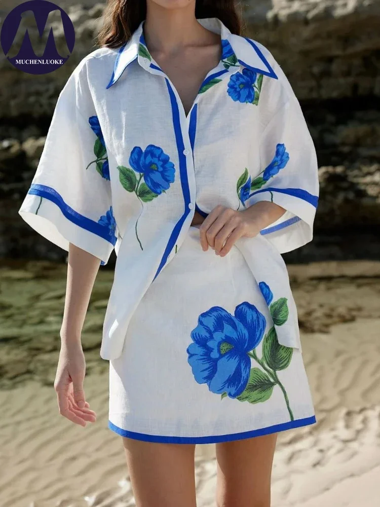 2 قطعة مجموعات امرأة الزي الصيف جديد طباعة نصف كم التلبيب قميص فضفاض بلايز الدعاوى موضة عادية الورك المعانقة تنورة صغيرة مجموعة