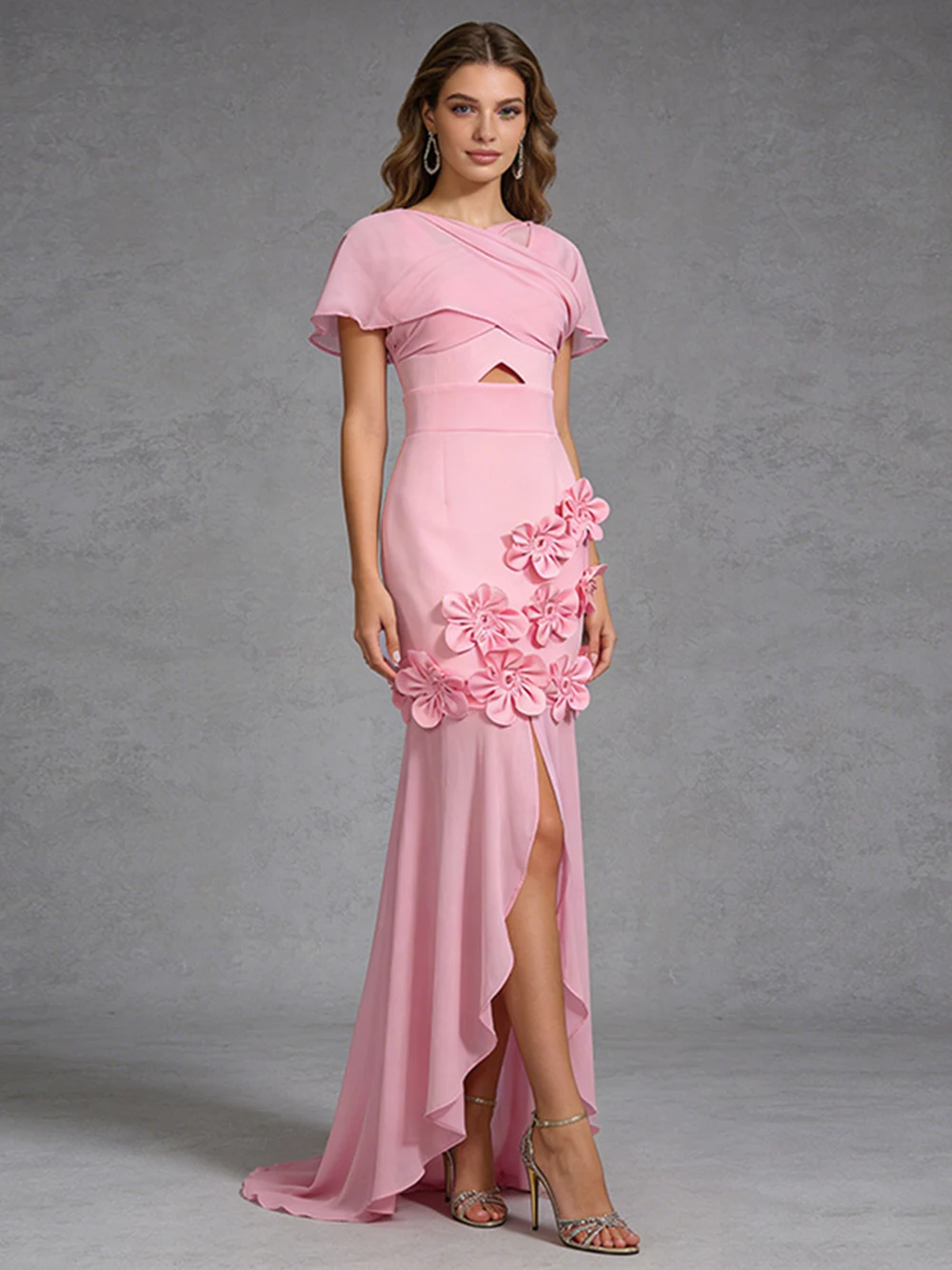 Modphy Elegant Patchwork Appliques Slim Long Dress Raglan Sleeve Pink Flower Sexy Front Slit Maxi Dress Celebrity Evening Party