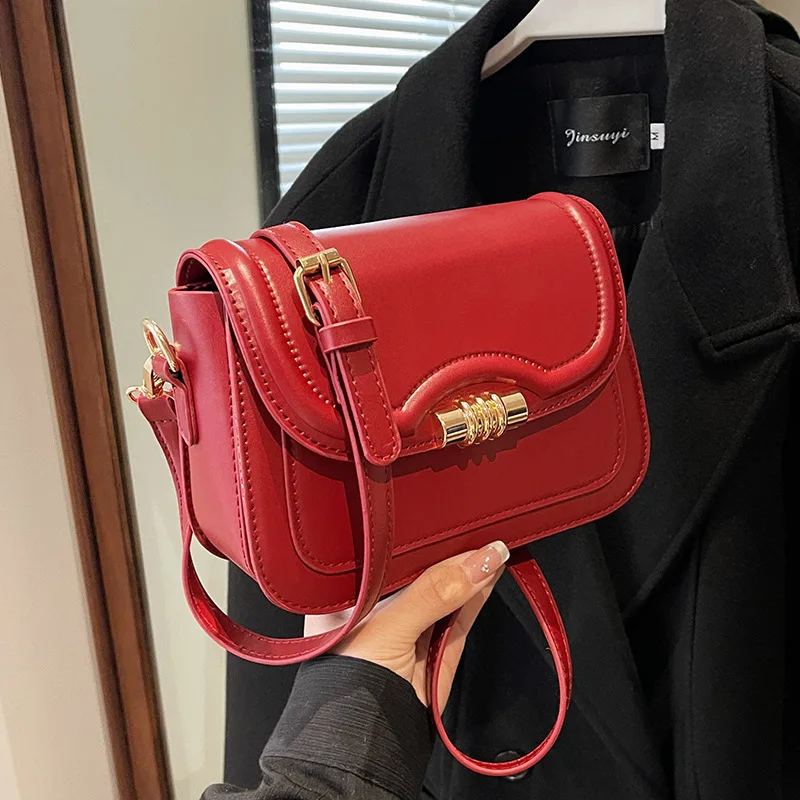 Wine Red Texture Retro Crossbody Bag Women Trend Solid Pu Leather Flap Versatile Underarm Shoulder Bags Female Commuting Bag