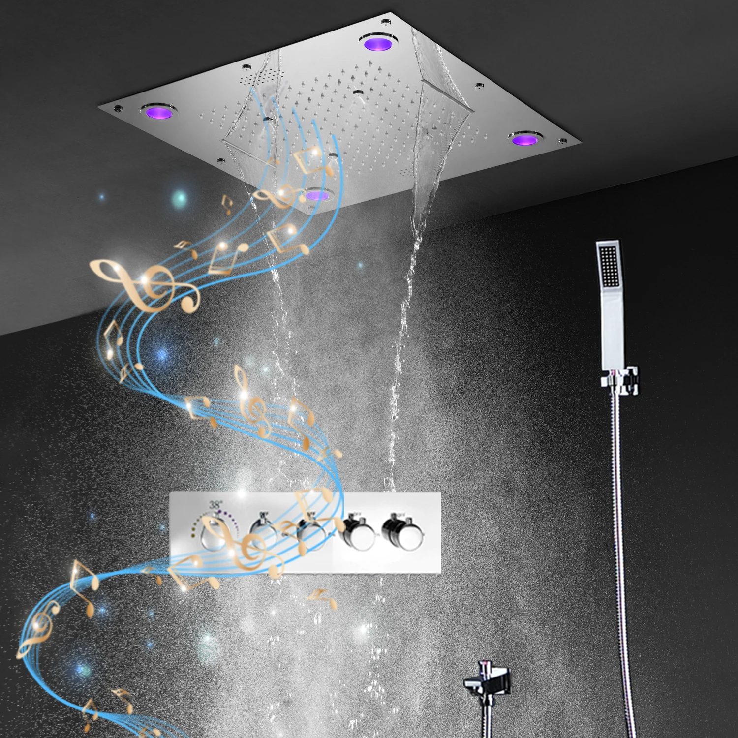 24'' Ceiling Large Rain Mist Waterfall Music Shower Faucets Set LED Bathroom Thermostatic Chrome System