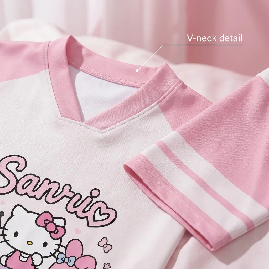 Sanrio All Stars T-Shirt Pink White Color Block V-Neck Oversized Jersey Cute Front Back Print Kawaii Streetwear Casual T-shirt view 4