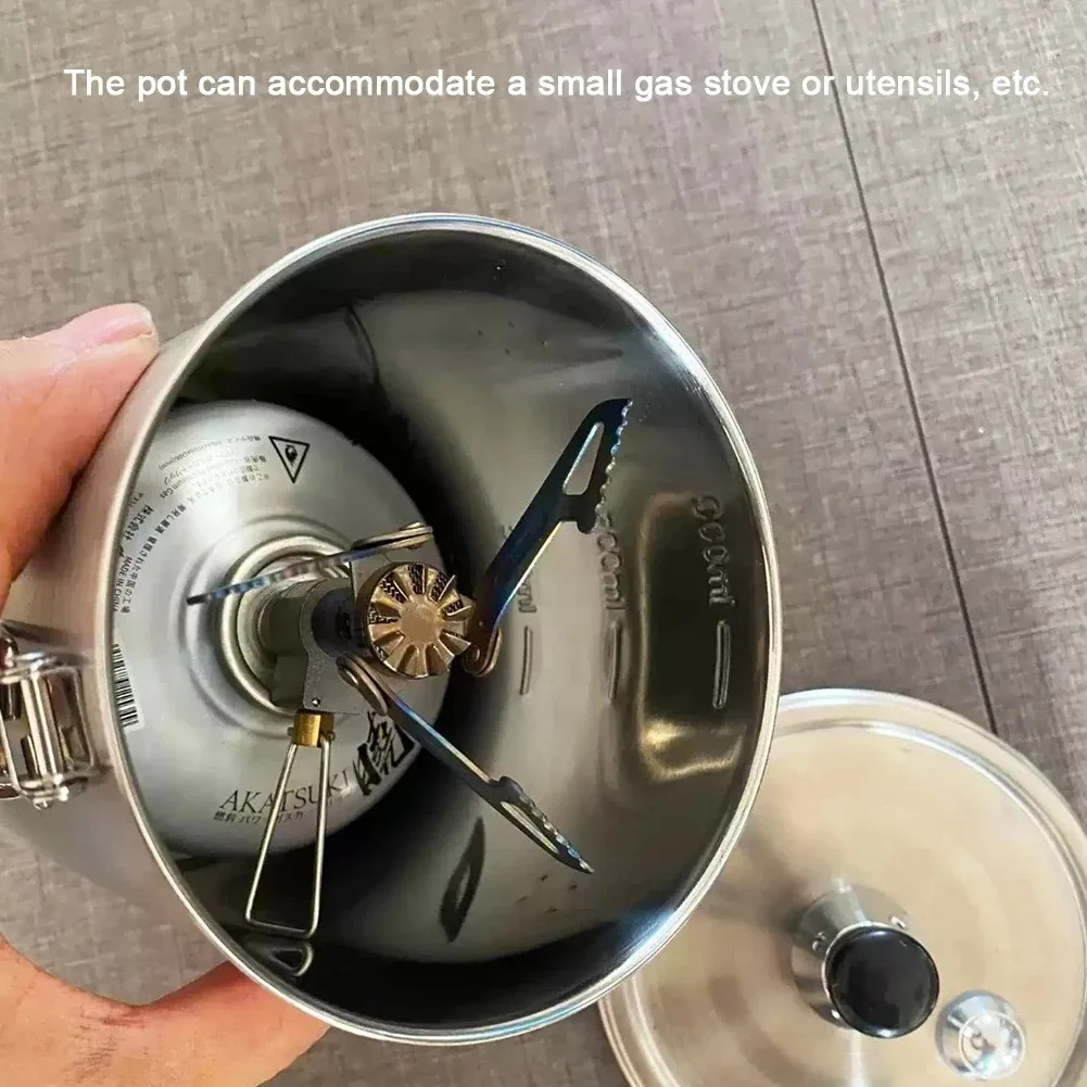 قدر ضغط صغير خفيف للغاية 304 من الفولاذ المقاوم للصدأ مع مقبض قابل للطي للتخييم في الهواء الطلق وعاء طبخ محمول مدمج منفرد