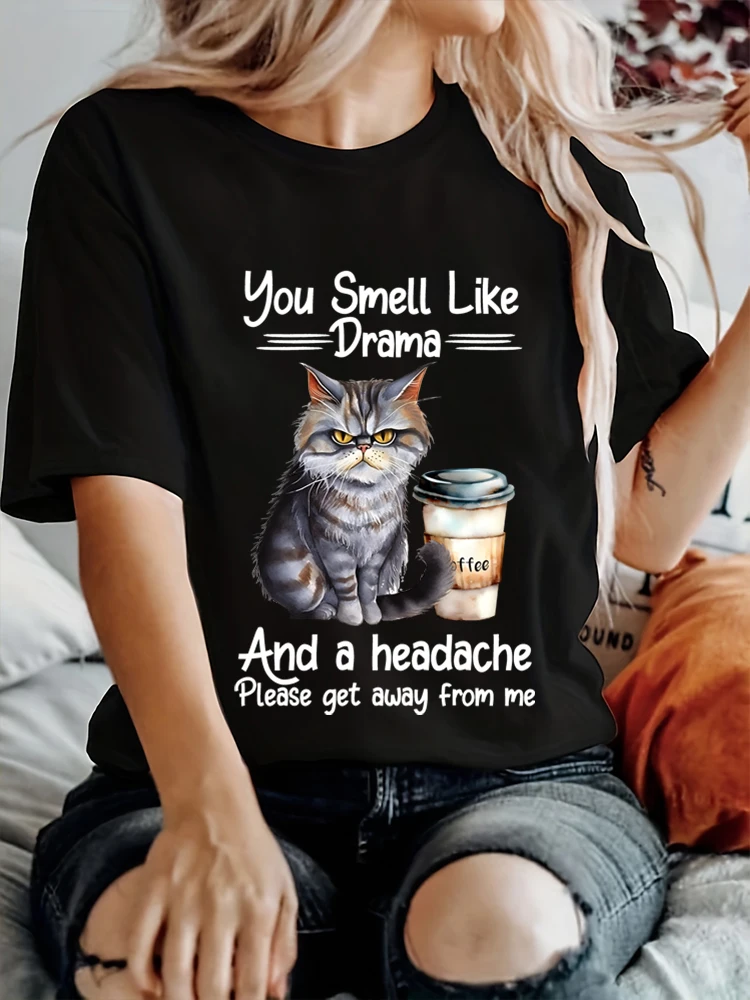 Camiseta de Moda Casual con Estampado de Gato Negro para Mujer, Nueva Camiseta Divertida de Gato, Ropa de Mujer Estilo High Street, Camiseta Mujer