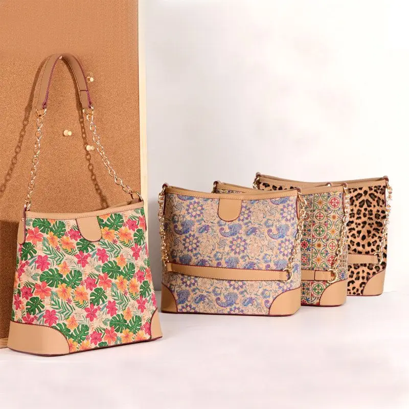Retro Cork Tree Bark Print Bucket Bag Large Capacity Handbag Shoulder Bag for Travel Women's Soft Bag Fashionable Floral Pattern