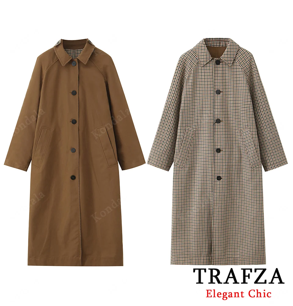 

TRAFZA Autumn Women Elegant Long Coat Both Sides Wear Buttons Long Coat Solid Brown or Plaid 2025 Spring Fall Fashion Lady Coat