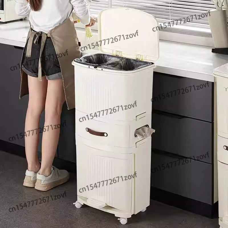 

Multi-layer household sorting trash can with wheel dry and wet separation kitchen vertical trash can with lid 45L