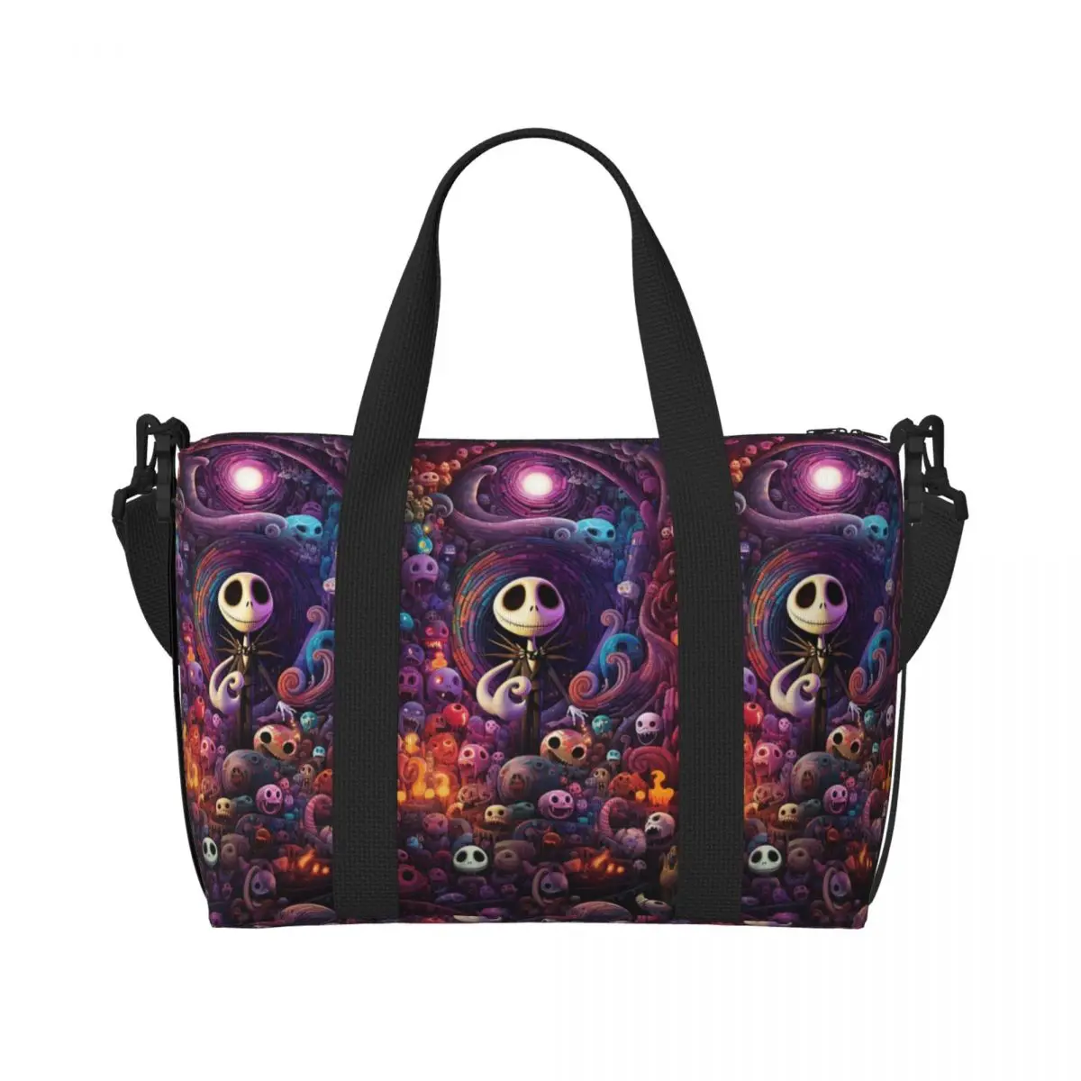 

Custom Jack Skellington Beach Tote Bag Women The Nightmare Before Christmas Large Compartment Gym Beach Travel Bags