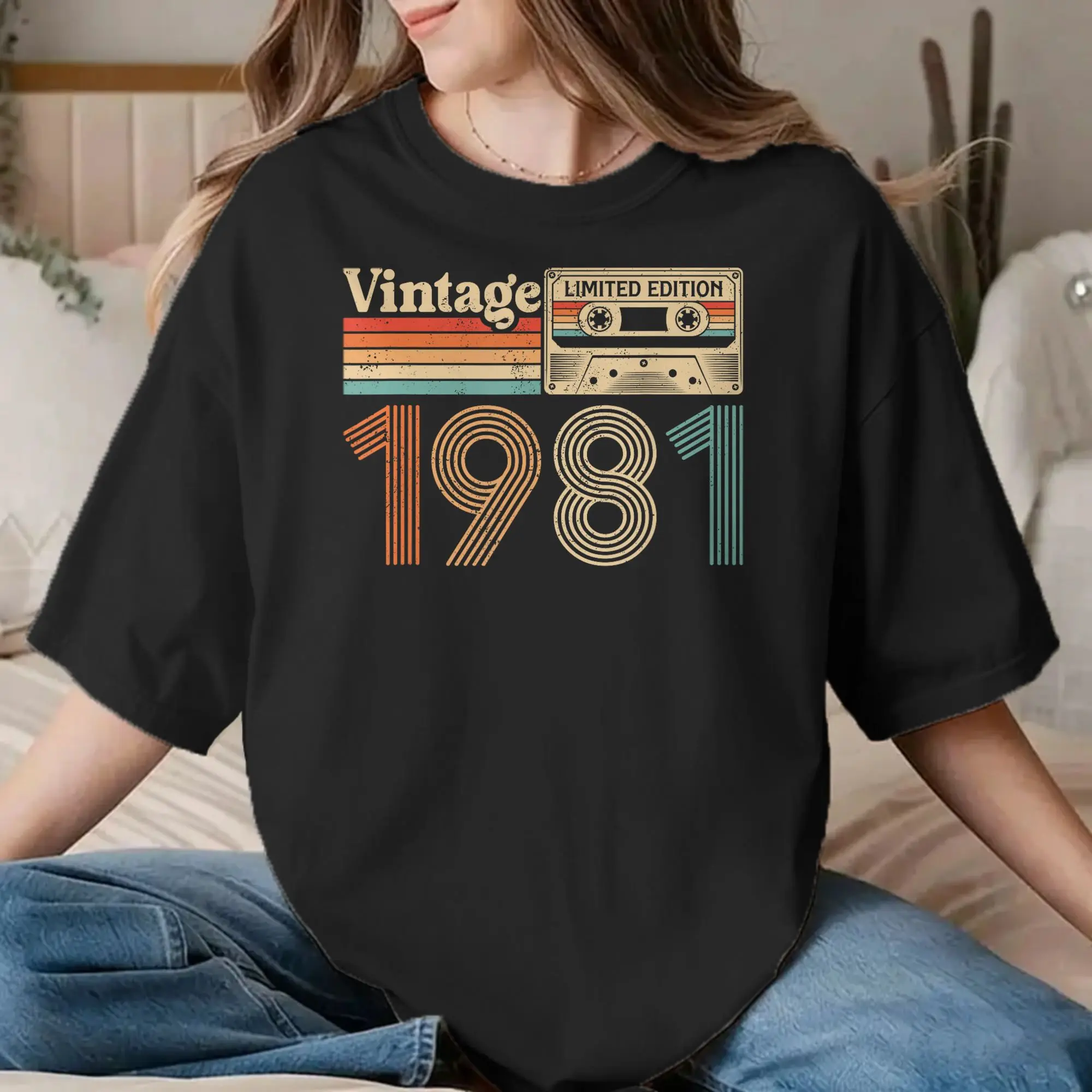 Camisetas Vintage de 45 Anos Nascido em 1981 para Homens e Mulheres, Camisa de Algodão Casual para Aniversário de 45 Anos, Camiseta de Gola Redonda, R