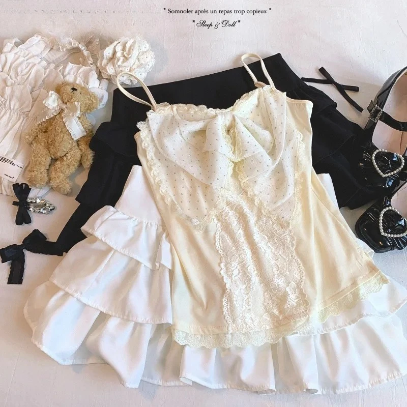 Novedad de verano, ropa de abrigo versátil para niñas, Top sin mangas Vintage, dulce puro deseo, camisola de retazos de encaje con lazo grande