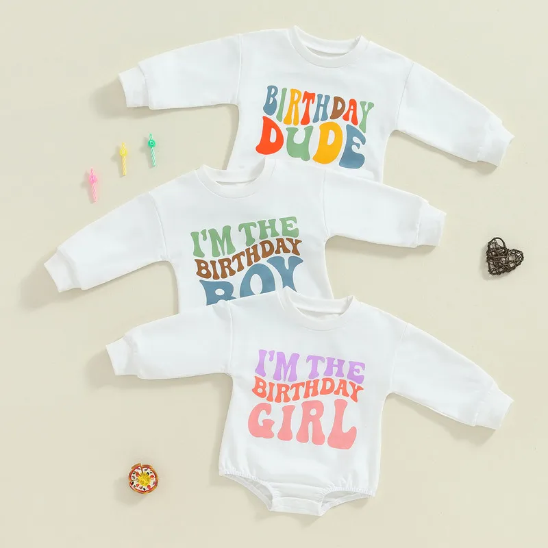 Baby Girls Boys Birthday Bodysuit Autumn Clothes Long Sleeve Crew Neck Letter Print Casual Jumpsuit Baby Clothing