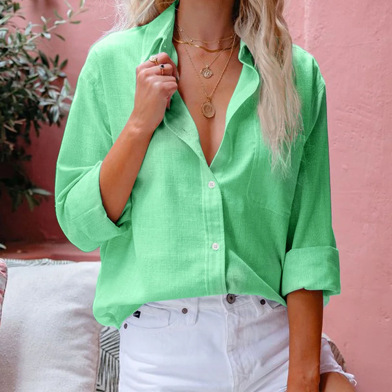 Mode printemps été à manches longues femmes chemise nouveau ample décontracté Laple Simple bureau Blouse élégant femme couleur unie poche hauts