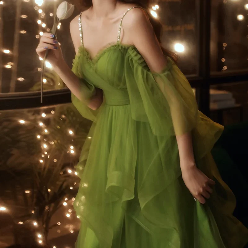 

New Sweet Elegant Green Dress Women Runway Ruffle Midcalf Lady Princess Banquet Luxurious Noble Ball Dress Gown 2024 New Fashion