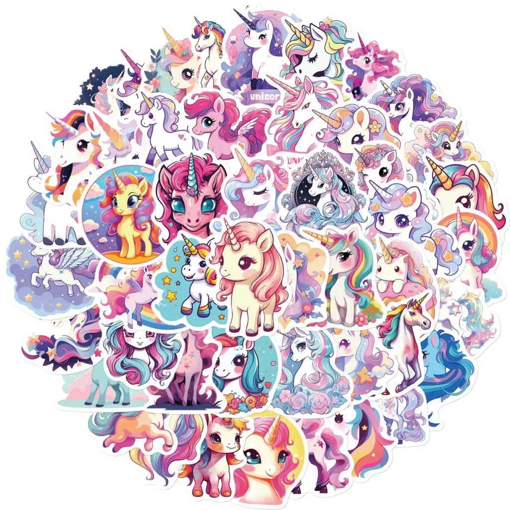Cartoon Rainbow Unicorn Stickers, DIY Scrapbook, Laptop, Bagagem de viagem, Parede, Decoração do carro, Graffiti Sticker, 50pcs
