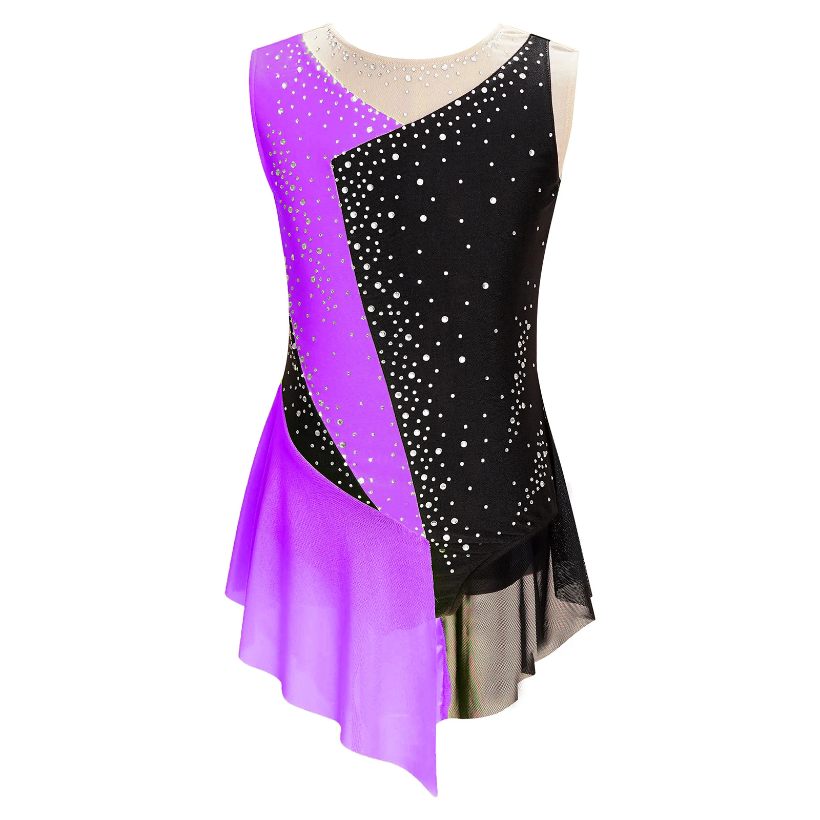 Kid Girls Figure Ice Skating Dress Color Block Sheer Mesh Rhinestone Leotard Bodysuit Ballroom Competition Ballet Dress Costume