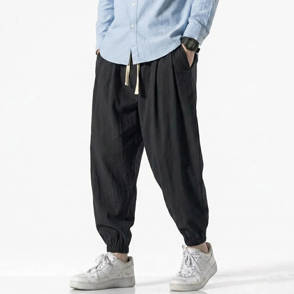 Koreanische Herren-Leinenhosen Frühling Locker Sitzende Strand- und Urlaubshosen aus Baumwolle Lässige Wanderhosen für Männer Sommer Baggy-Hosen Fitness-Arbeitshosen Streetwear – Detail 4