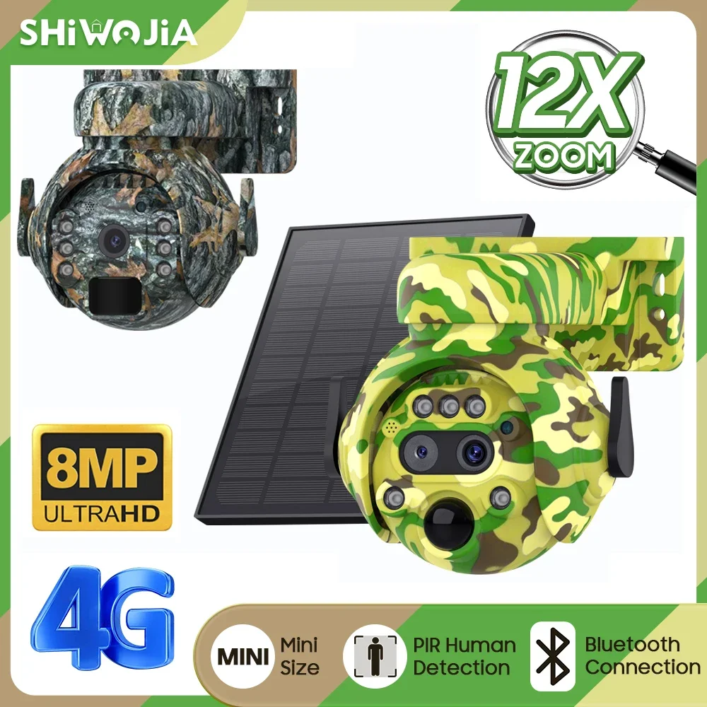 

SHIWOJIA 4K 8MP 4G/WIFI Solar Camera PTZ Outdoor 12X Zoom PIR Human Detection IP Camera Camouflage 360°For Hunting Camera 7800mA