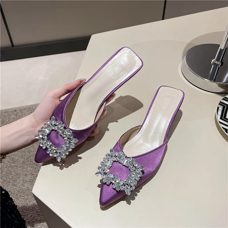 New Women\'s Shoes New Mules Women\'s High Heels Fashion Wedding Pump Women Rhinestone Pointed Toe Sandals Ladies Zapatos Mujer