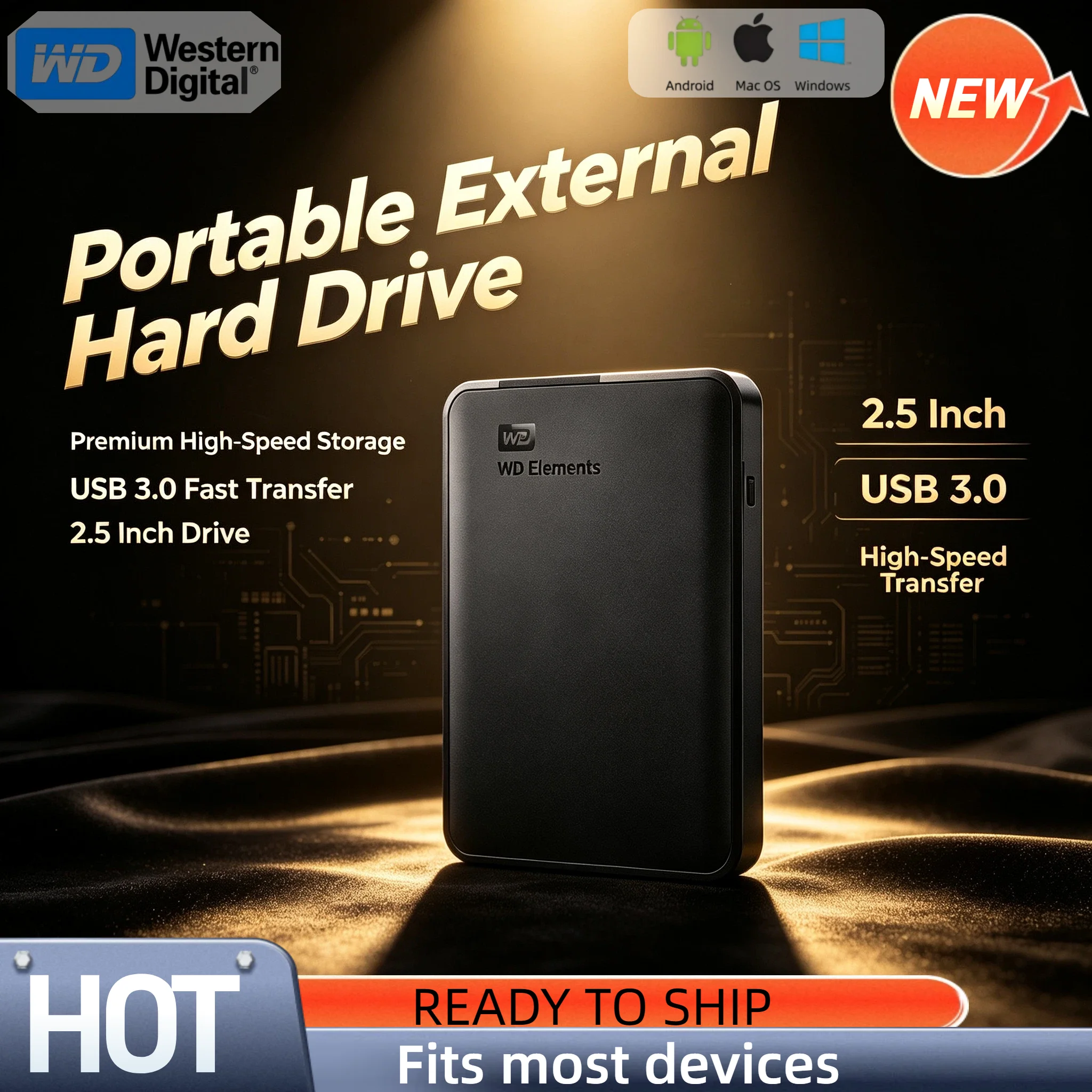 Western Digital WD Elements 2TB 1TB External Hard Drive 2.5 Inch USB 3.0 Portable HDD for Desktop PC Laptop Pro Unit Turbo