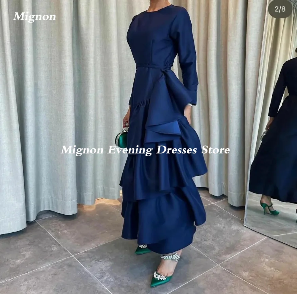 Mignon Satin a-line Prom Gown scollo tondo sera alla caviglia con volant e spalline formale elegante abito da festa per le donne 2023