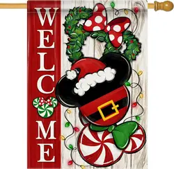 Welcome Christmas Mouse Santa Decorative House Flag, Xmas Peppermint Candy Wreath Ornament Garden Yard Outside Decorations, Wint