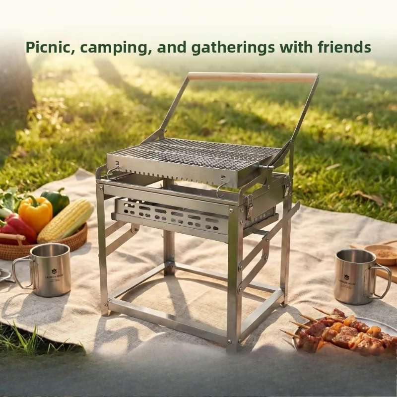 For SKJ-003 Stainless Steel Flip BBQ Grill, Portable Charcoal Folding Barbecue Grill with 304 Grates for Outdoor