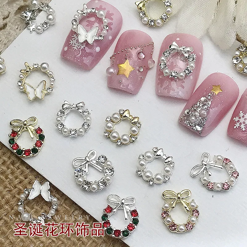 

‌10PCS Glitter Pearl Diamond Christmas Wreath Nail Decorations Bow Design Accessories Supply Holiday Manicure
