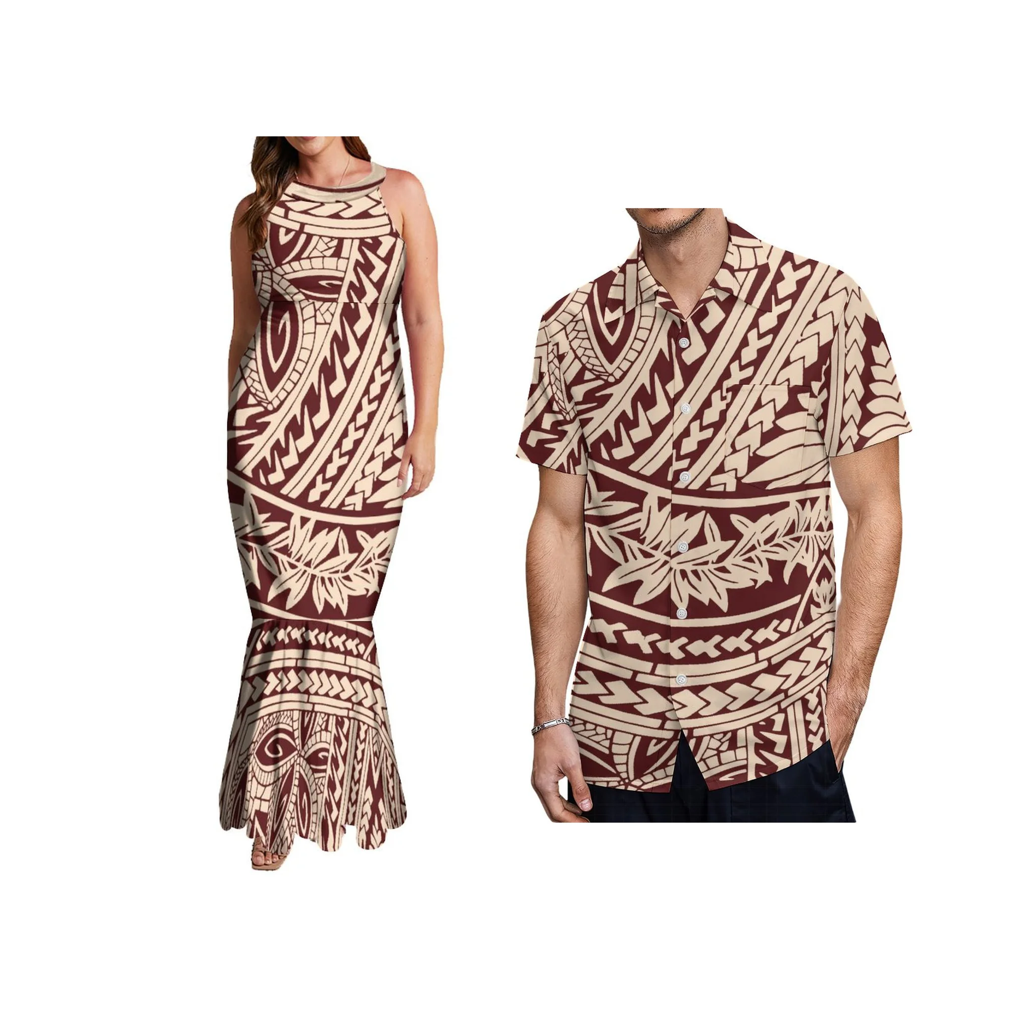 Wholesale Custom Polynesian Tonga Tribal Design Large Size Halter Hollow Out Sleeveless Mermaid Ladies Long Maxi Dress
