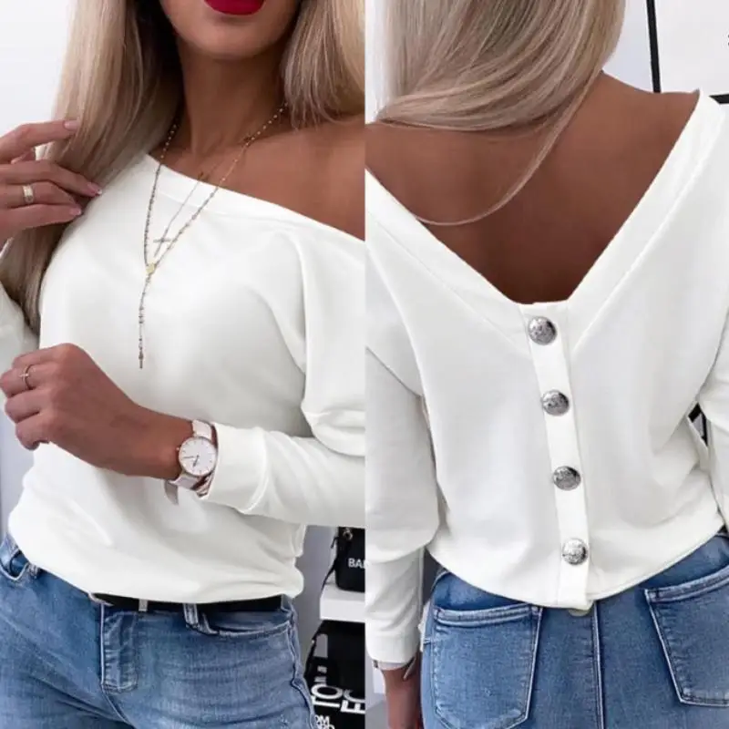 Autumn Long Sleeve Chic Back Buttons Pullovers Shirts Women Elegant Slim Fit Casual Blouse Women Fashion Solid Skew Collar Shirt