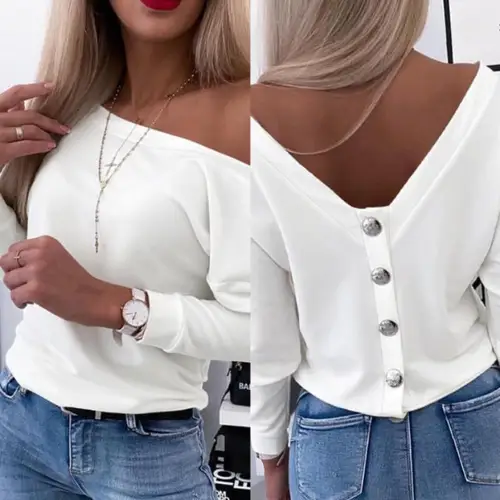 Otoño de manga larga Chic espalda botones jerseys camisas mujeres elegante Slim Fit blusa Casual mujer moda sólida camisa con cuello oblicuo
