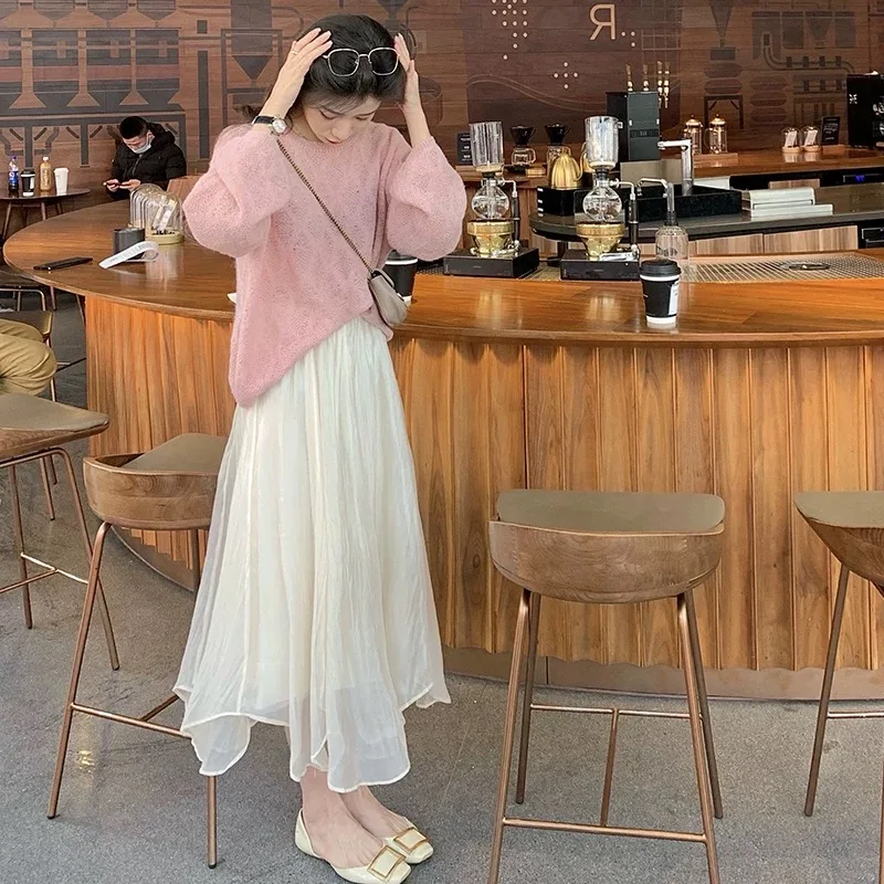 2025 Women’s Casual A-Line Skirt Elastic Waist Pleated Ruffles Asymmetrical Hem Flared Midi Skirt