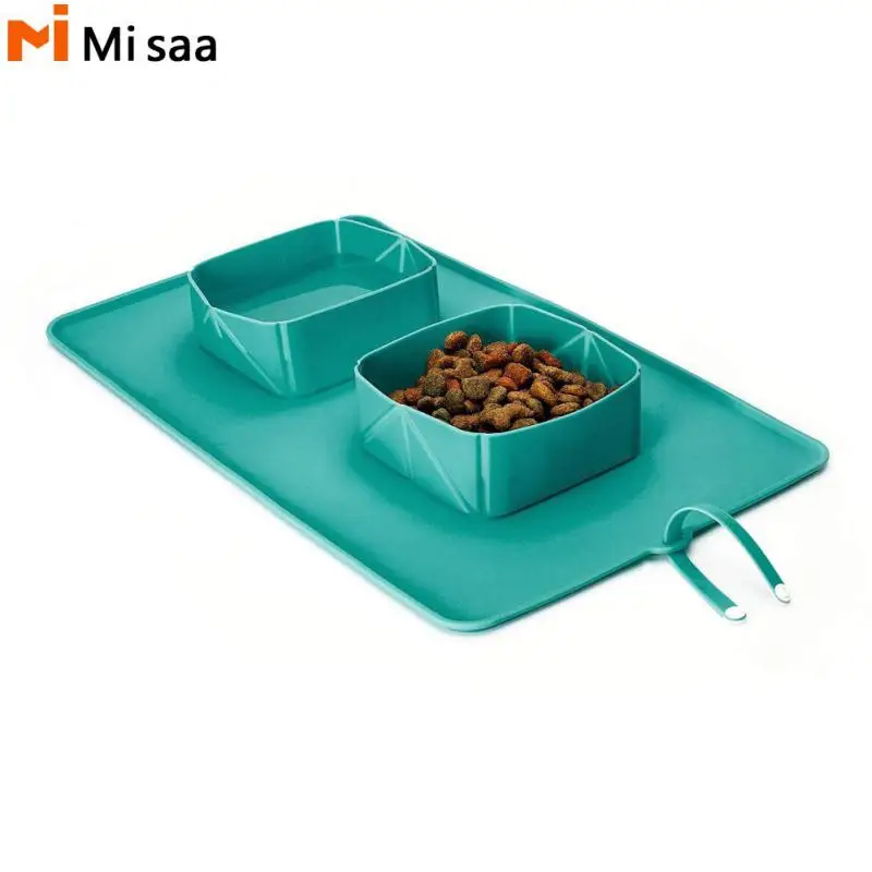 Pet Bowl 600ml Cat Dog Pet Bowl Folding Silicone Double Bowl Flannel Bag Dog Bowl Outdoor Puppy Food Container Portable Pet Bowl