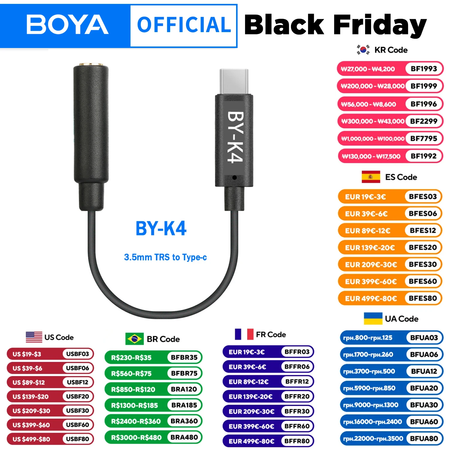 BOYA BY-K4 3.5mm TRS (Female) to Type-C (Male) Audio Microphone Adapter Converter for Android Phones Macbook iPad USB-C Devices