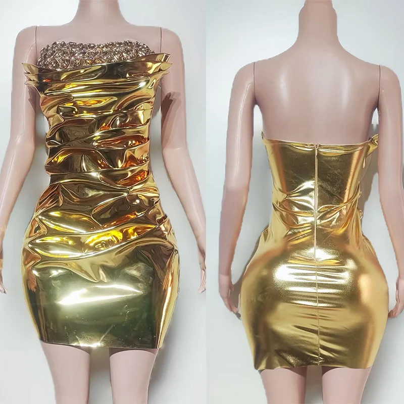 

2025 New Sexy Rhinestone Golden Glossy Dress Singer Nightclub Bar Singer Performance Stage Costumes Drag Queen Clothes DN22384