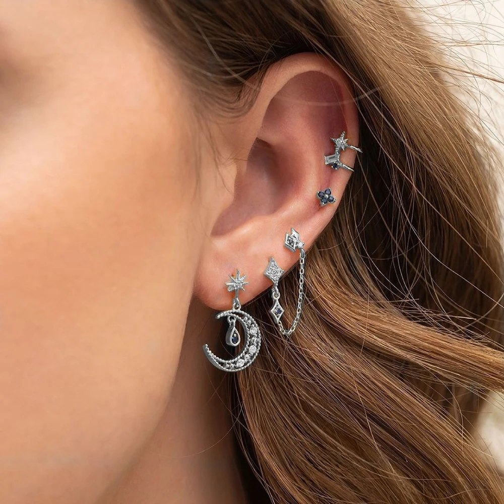 

Moon Star Gold Plated Earrings Set Blue Cubic Zirconia Chain Dangle Cartilage Piercing Earrings for Women Multiple Piercings
