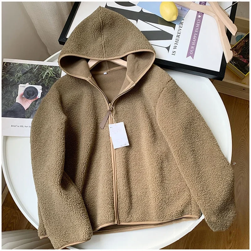 Fashion Short Jacket Women Lambswool Outerwear Thicken Warm Loose Polar Fleece Hooded Zipper Long Sleeve Coat Autumn Winter