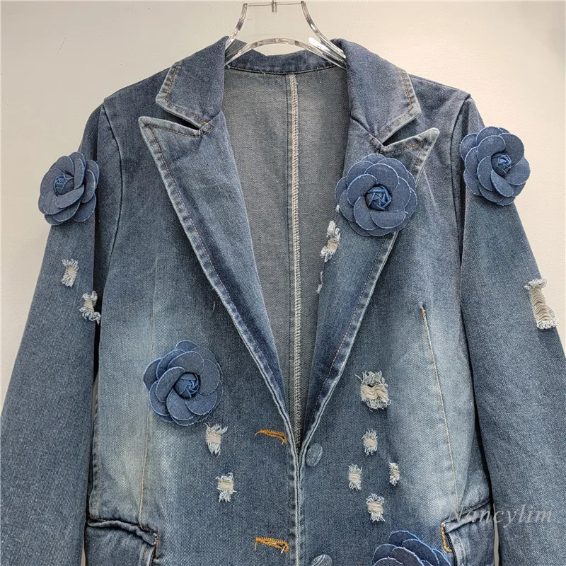 Three-Dimensional Flower Decoration Loose Denim Suit Jacket Female 2024 Autumn New Jean Coat Denim Blazer